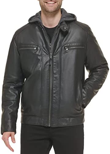 Calvin Klein Men's Faux Lamb Leather Moto Jacket with Removable Hood and Bib