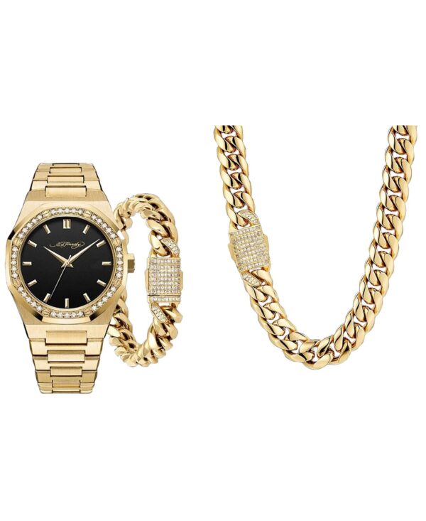 Ed Hardy Men's Shiny Gold Metal Alloy Bracelet Watch 42mm Gift Set